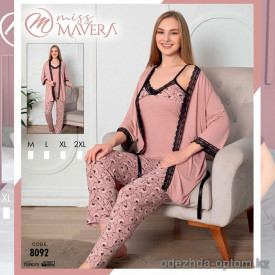 e1-8092 MISS MAVERA Комплект женской пижамы 3в1: халат, майка и штаны, хлопок, M-XXL, 1 пачка (4 шт)
