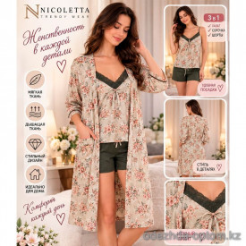 b4-91134 Nicoletta Комплект женский для сна 3в1: халат, майка и шорты, S-XL, 1 пачка (4 шт)