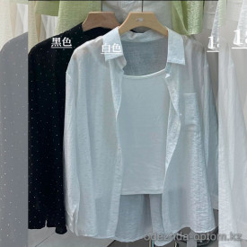 w30-0700 Рубашка женская однотонная со стразами в комплекте с майкой, стандарт, 1 шт