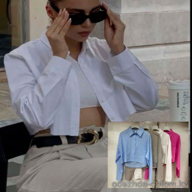 w5-1258 Рубашка женская однотонная укороченная с длинными рукавами, стандарт (42-46), хлопок, 1 шт