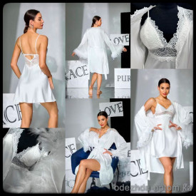 b5-1188-3 Халат женский укороченный с перьями на рукавах в комплекте с сорочкой, S-L, 1 пачка (3 шт)