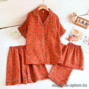 b16-32505 Комплект женской муслиновой пижамы 3в1: рубашка, шорты и штаны, M-XL, 1 пачка (3 шт)