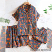 b16-32511 Комплект женской муслиновой пижамы 3в1: рубашка, шорты и штаны, M-XL, 1 пачка (3 шт)