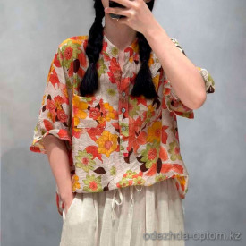 w35-937-1 Рубашка женская с принтом, оверсайз, лен, 1 шт