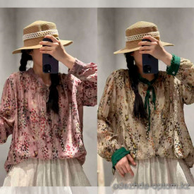 w35-938-1 Рубашка женская с принтом, оверсайз, лен, 1 шт