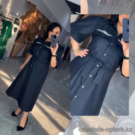 w18-0623 Платье женское однотонное в комплекте с поясом, большие размеры, джинс (стрейч), 1 шт