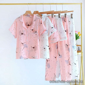 d7-0113 Комплект женской пижамы 3в1: рубашка, шорты и штаны, M-XL, 1 пачка (3 шт)