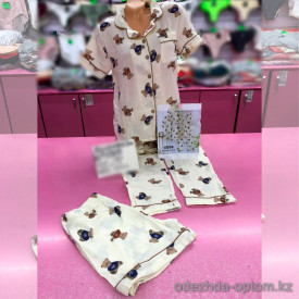 b6-1707-3 Пижама женская 3в1: рубашка, шорты и штаны, хлопок, M-XL, 1 пачка (3 шт)