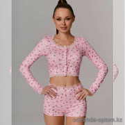 b13-0306 Комплект женской одежды для сна: топ с длинными рукавами и шортики, S-L, 1 пачка (3 шт)