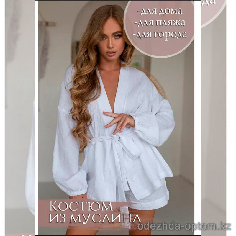 b15-2053 Комплект женской муслиновой одежды: рубашка с поясом и шорты, S-L, 1 пачка (3 шт) b15-2053 Комплект женской муслиновой одежды: рубашка с поясом и шорты, S-L, 1 пачка (3 шт)