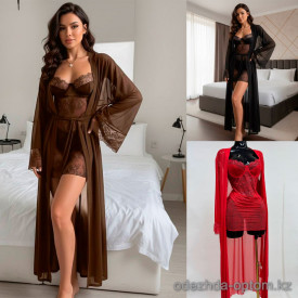 b15-0676 Пеньюар женский в комплекте с халатом, S-L, 1 пачка (3 шт)