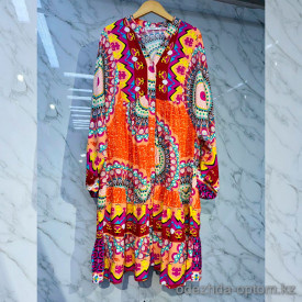 w44-0108 Платье женское с цветным орнаментом, стандарт, лен (хлопок), 1 шт