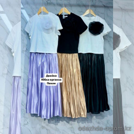 w37-0759 Костюм женский двойка: футболка с бантом и юбка на резинке, стандарт, 1 шт