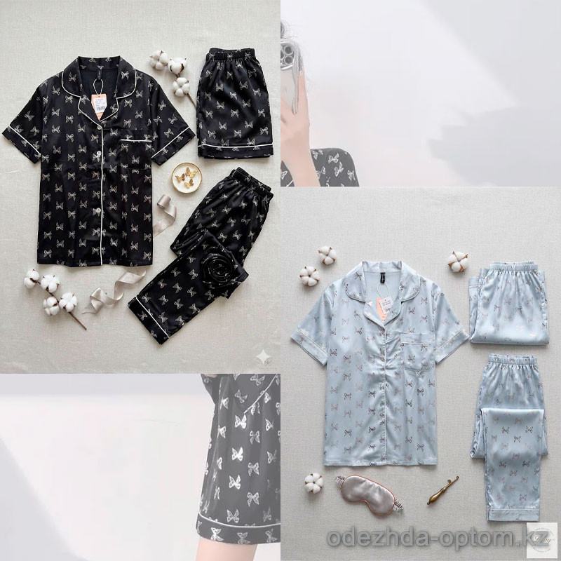 b15-144 Комплект женской шелковой пижамы 3в1: рубашка с поролоном, шорты и штаны, 42-48, 1 пачка (3 шт) b15-144 Комплект женской шелковой пижамы 3в1: рубашка с поролоном, шорты и штаны, 42-48, 1 пачка (3 шт)