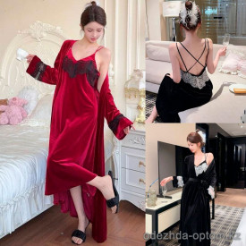 b15-7588 Сорочка женская велюровая в комплекте с халатом, M-XL, 1 пачка (3 шт)