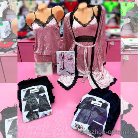 b6-255 Комплект пижамы женской 4в1: майка, сорочка, халат и шорты, велюр, S-L, 1 пачка (3 шт)