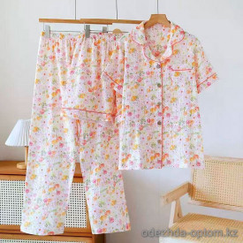 b15-303-16 Комплект женской муслиновой пижамы 3в1: рубашка, шорты и штаны, M-XL, 1 пачка (3 шт)