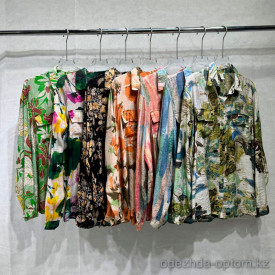 w35-0300 Рубашка женская с принтом и длинными рукавами, лен, оверсайз, 1 шт