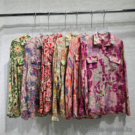 w35-0300-1 Рубашка женская с принтом и длинными рукавами, лен, оверсайз, 1 шт